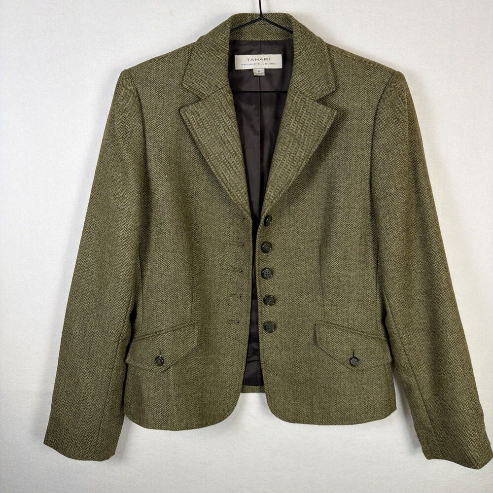 Tahari Arthur S Levine Womens Size 6 Green Herringbone Wool Blazer Jacket Office